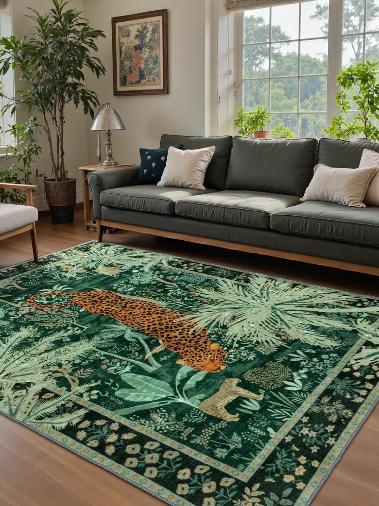 Washable Cheetah Print 5x7 Area Rugs For Living Room, Soft Non-Slip Green Rugs F